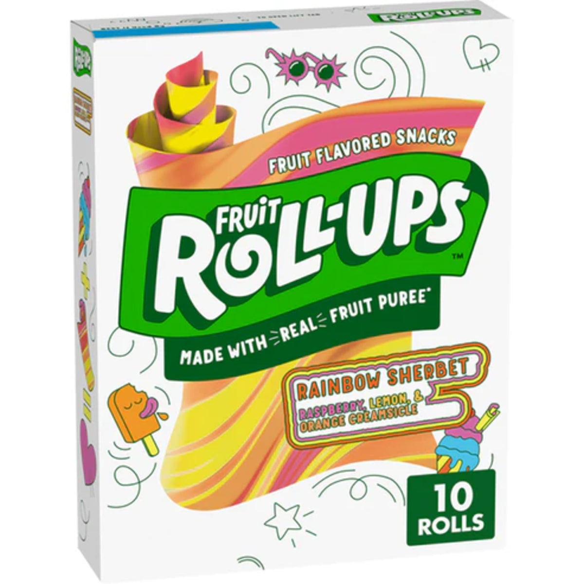 Front of Fruit Roll-Ups Rainbow Sherbert box showing the logo and colourful fruit-flavoured snacks (141g pack)