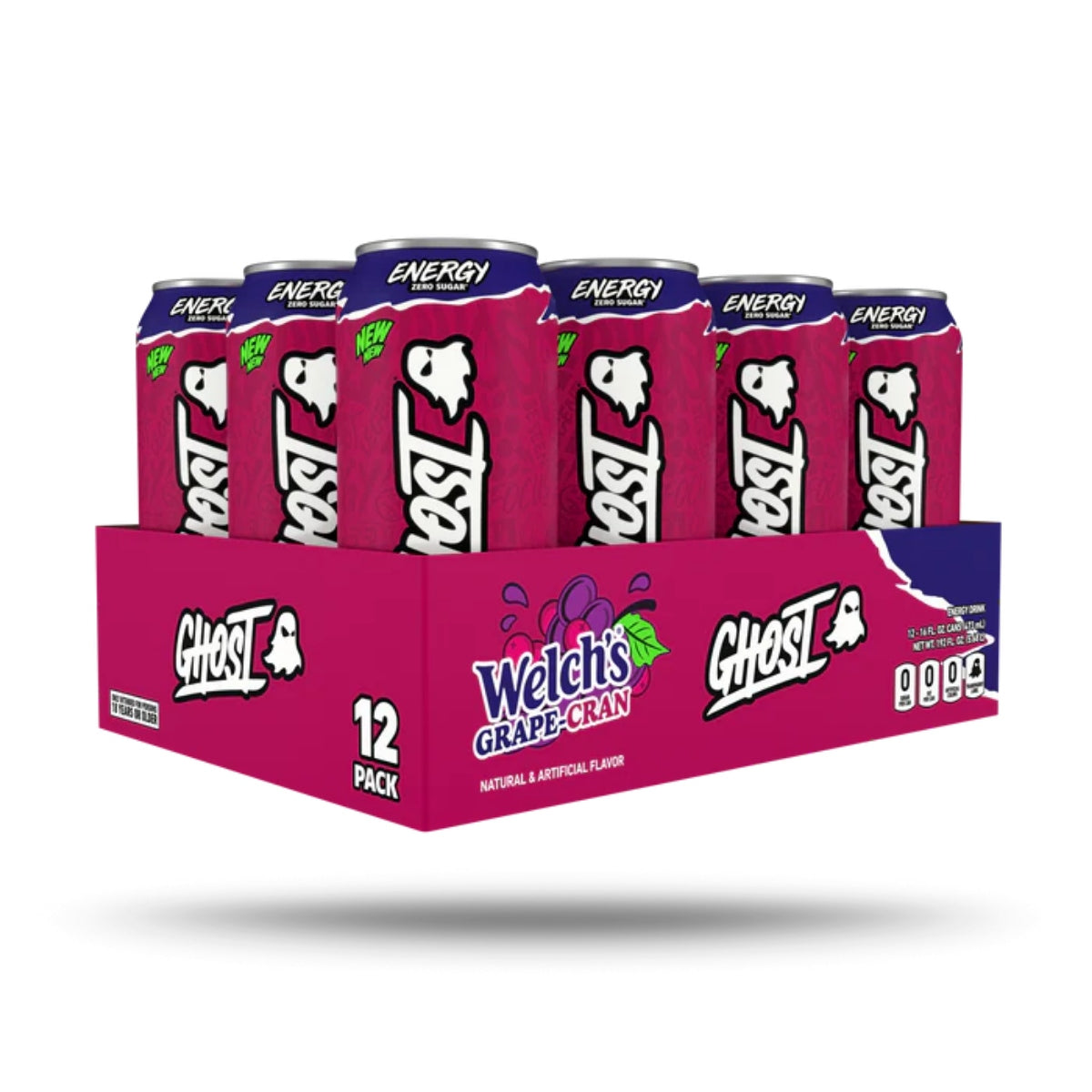 Front of Ghost Welch's Grape Cranberry Energy Drink case showing logo, flavour details, and 12 pack size (12 x 473ml)