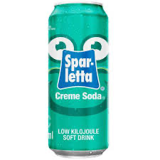 Front of a Sparletta Creme Soda can featuring a teal background, logo, and 300ml size label