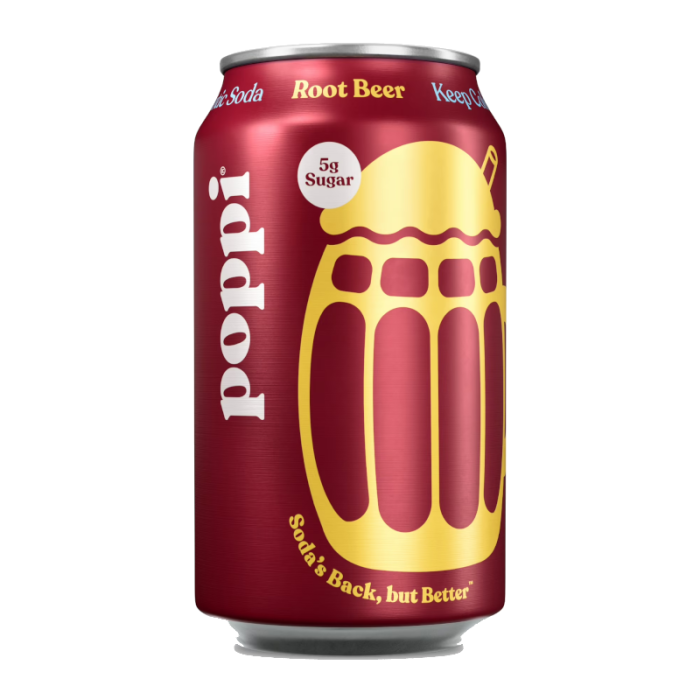 Front of Poppi Root Beer Prebiotic Soda can featuring a vibrant design, root beer flavour label, logo, and 355ml size