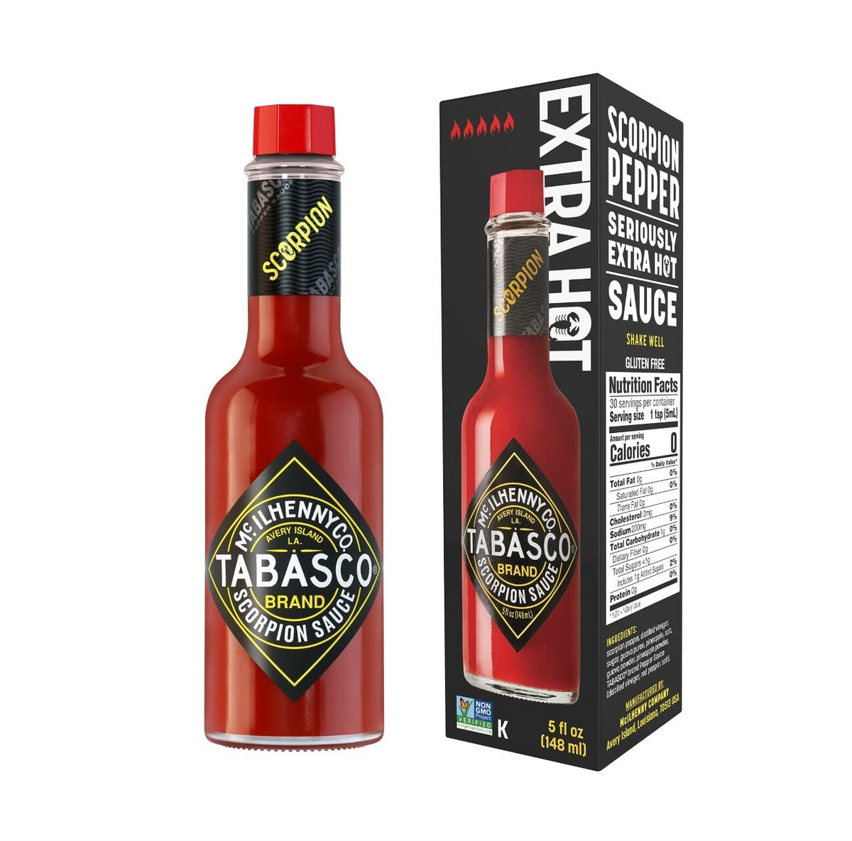 Front of Tabasco Scorpion Sauce bottle showing bold logo and scorpion design, highlighting extra hot flavour (59g pack)