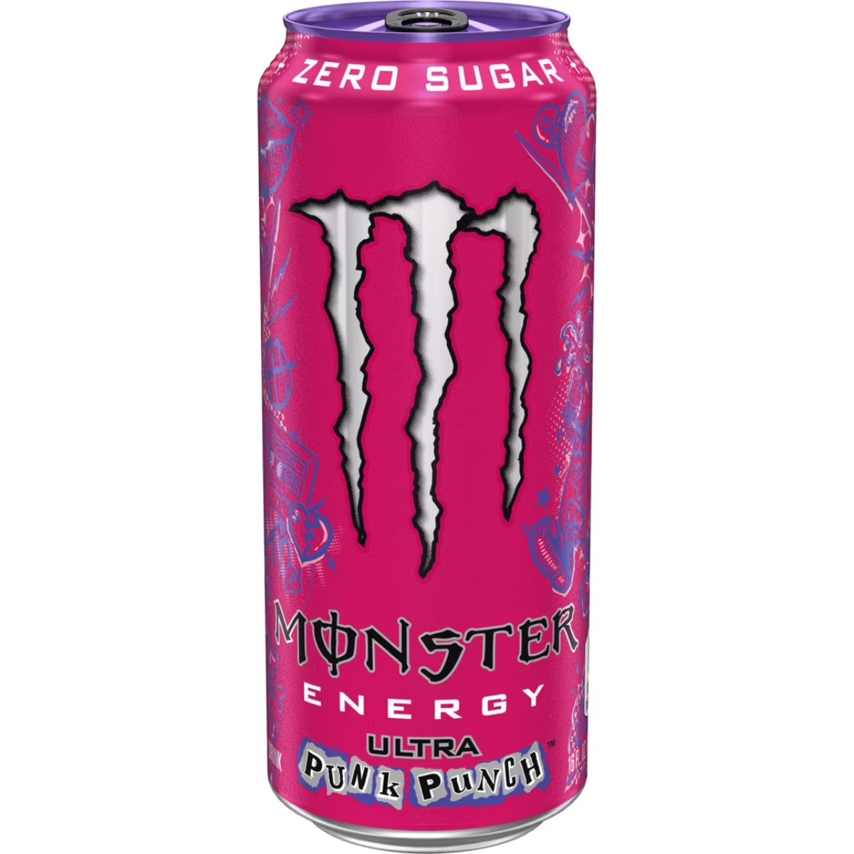 Front of a can of Monster Ultra Punk Punch showing vibrant pink design, logo, and 473ml size with zero sugar label.