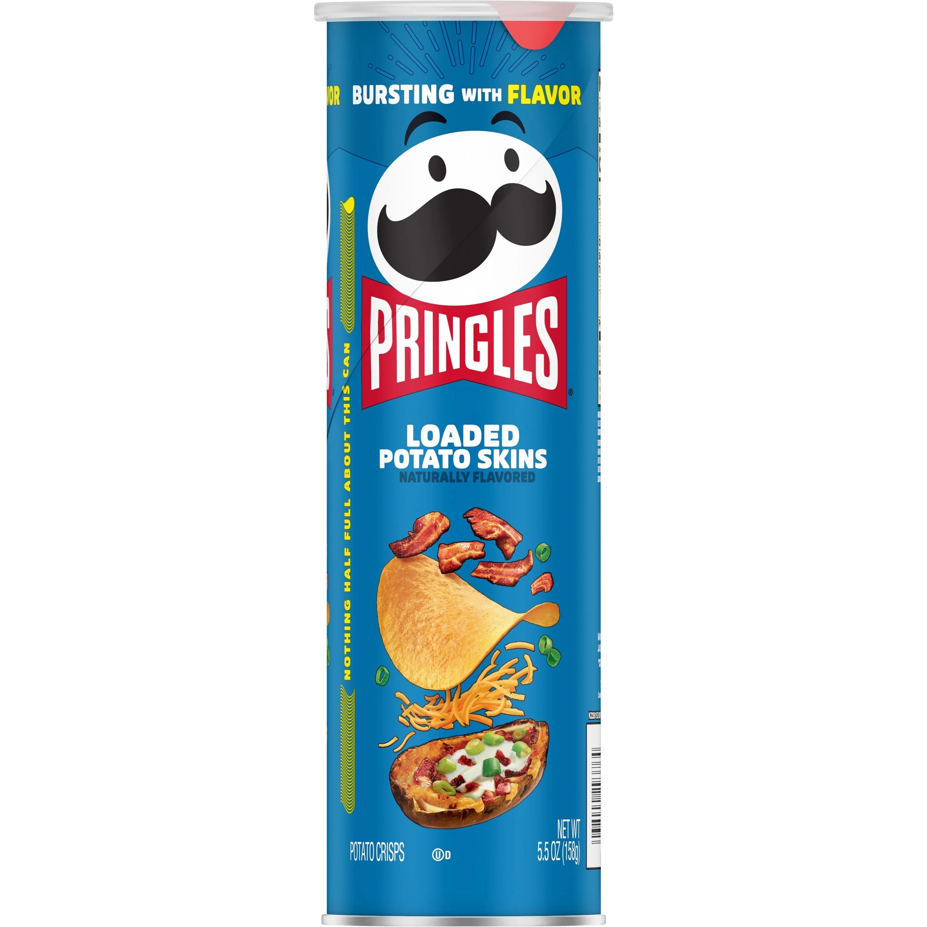 Front of Pringles Loaded Potato Skins can featuring blue design, logo, and images of potato crisps with toppings (158g pack)