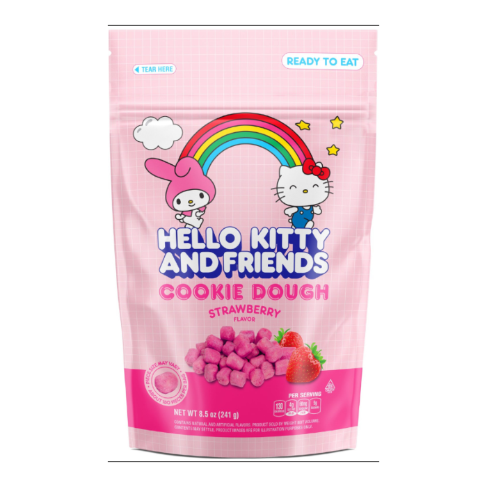 Front of Hello Kitty and Friends Cookie Dough package featuring pink design, strawberry flavour logo, and pack size (241g)