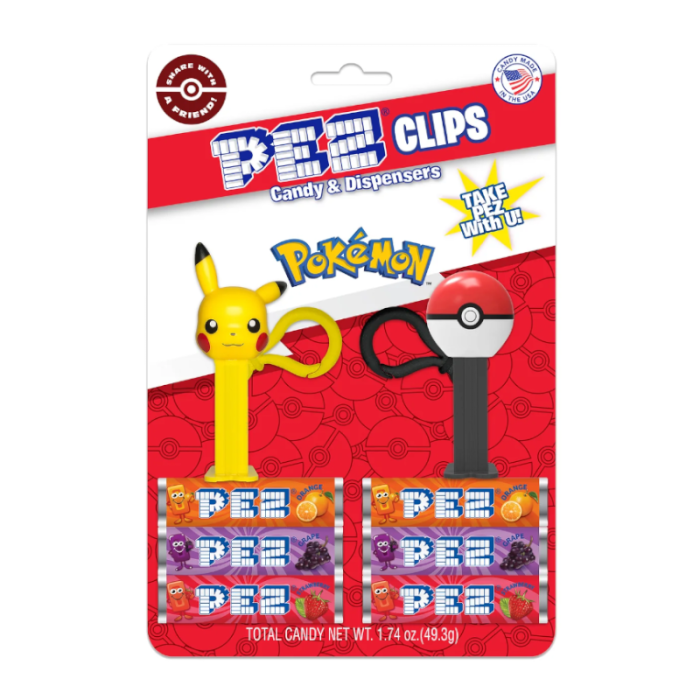 Front of PEZ Clips Dispenser Pokémon pack showing Pikachu and Pokéball dispensers with two flavours of PEZ candy (49g)