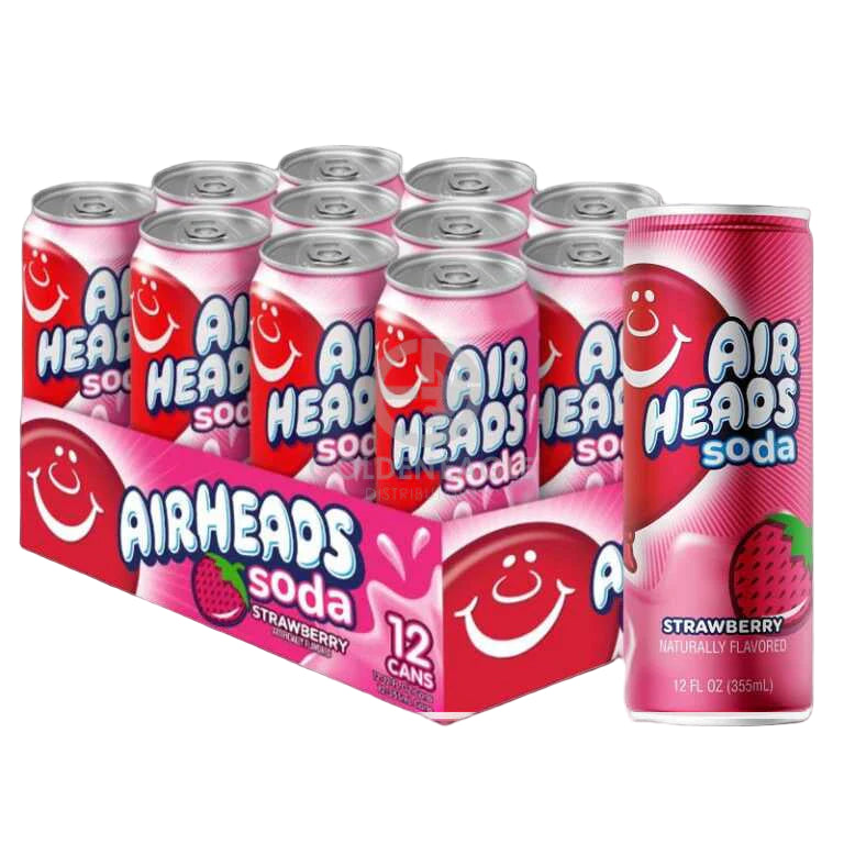 Front of Airheads Soda Strawberry 12 pack featuring cans with a fruity pink design and smiles