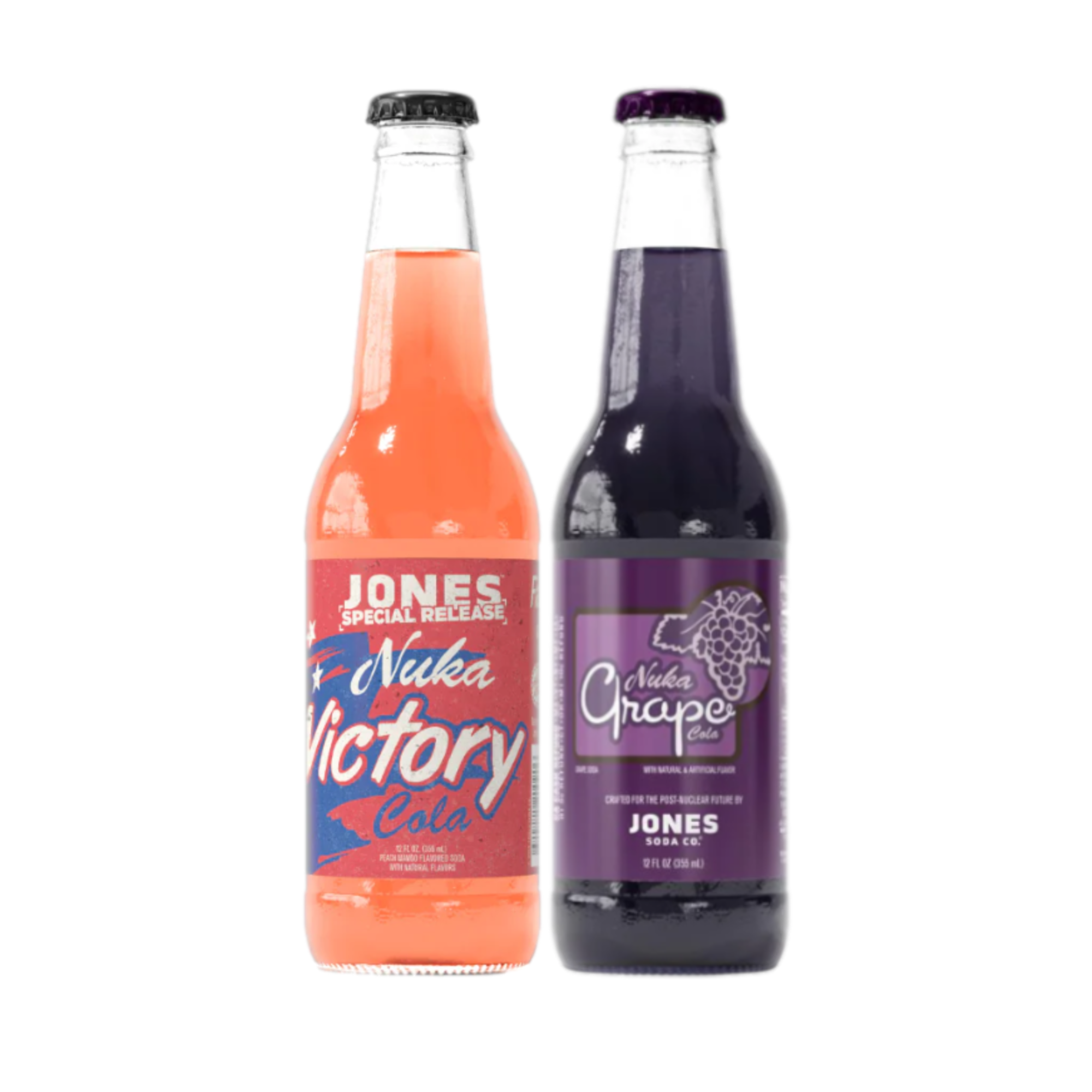 Front of Jones Soda Fallout Nuka Cola Grape and Victory bottles showing vibrant labels and branding (355ml each)