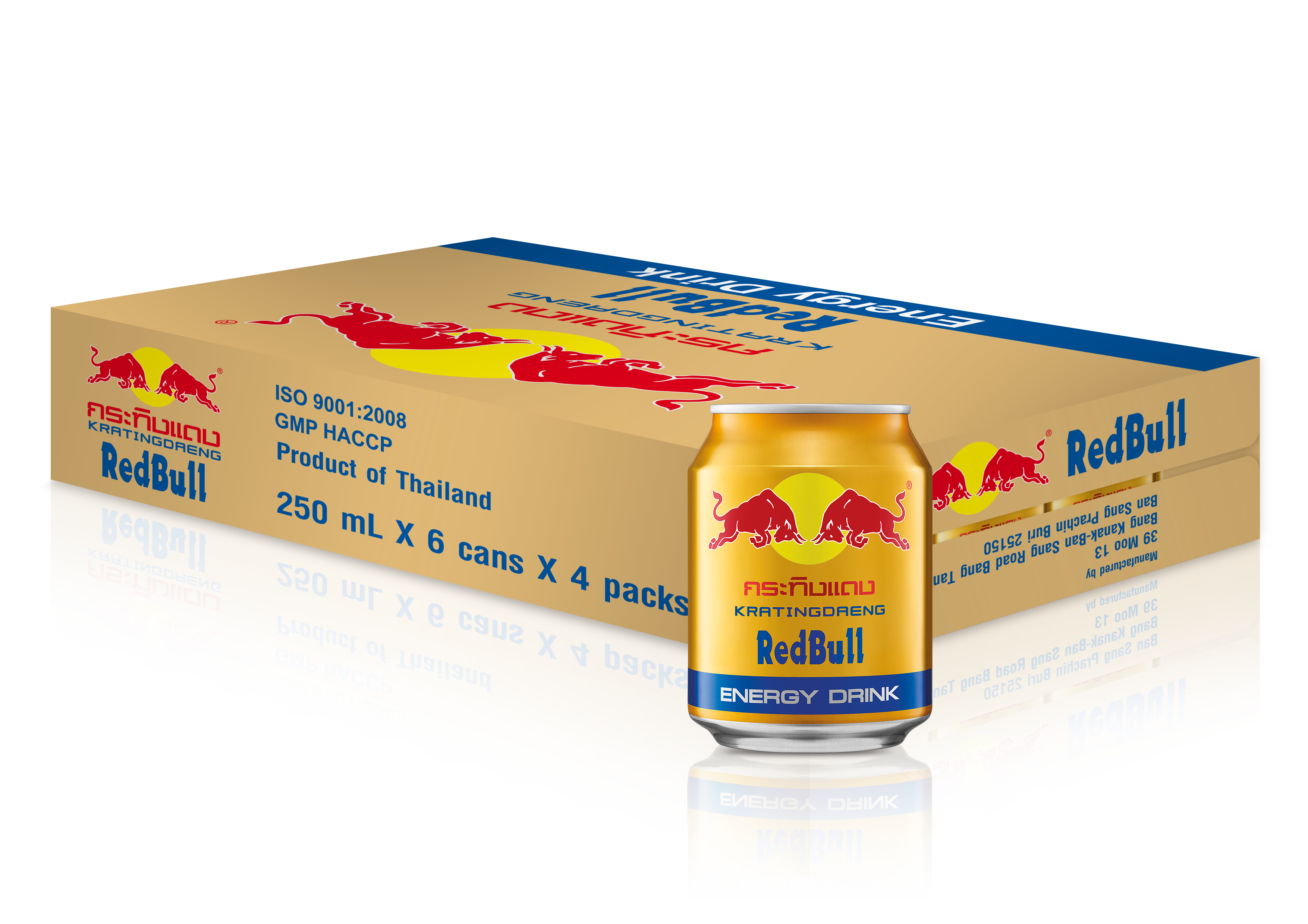 Front of a Red Bull Kratingdaeng Energy Drink can showing logo and energy drink label (250ml) along with details from the 24 pack.