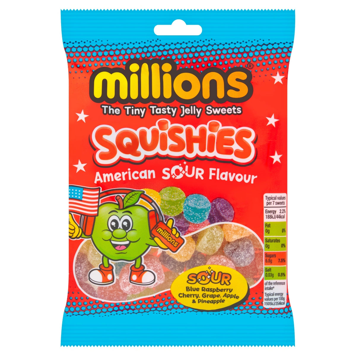 Front of Millions American Sour Squishies (130g) bag showing colourful jelly sweets, logo, and American flavour theme.
