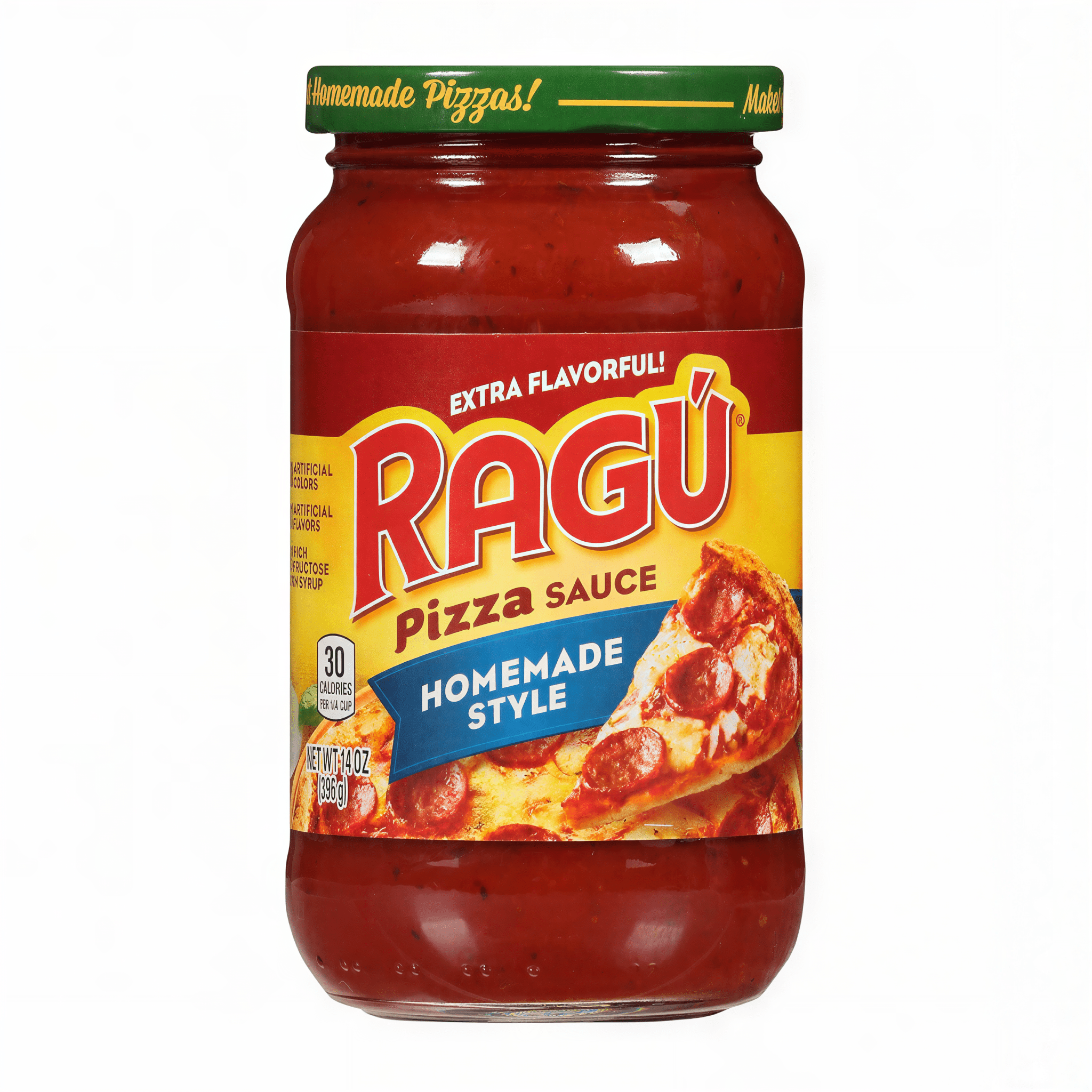 Front of Ragu Homemade Style Pizza Sauce jar showing red label, logo, pizza image with pepperoni and 396g pack size