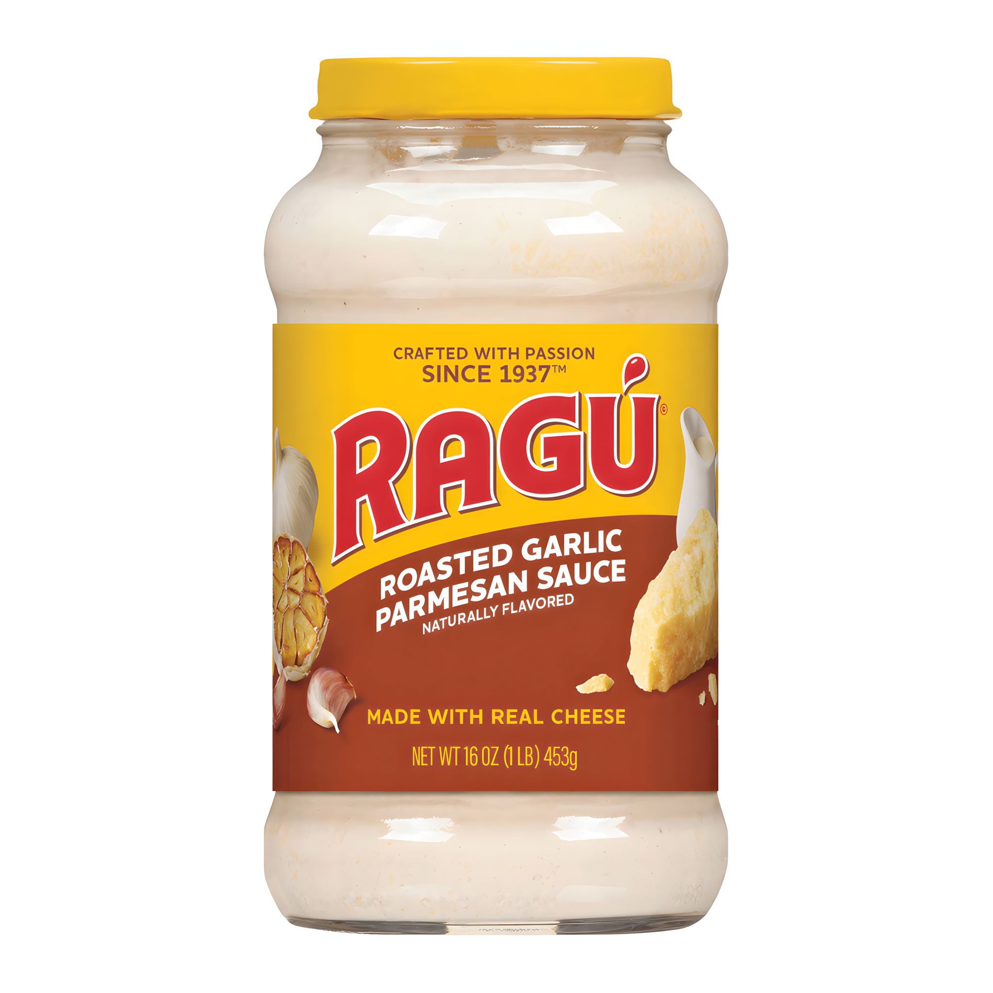 Front of Ragu Roasted Garlic Parmesan Sauce jar showing bold yellow logo, roasted garlic illustration, and creamy sauce (453g pack)
