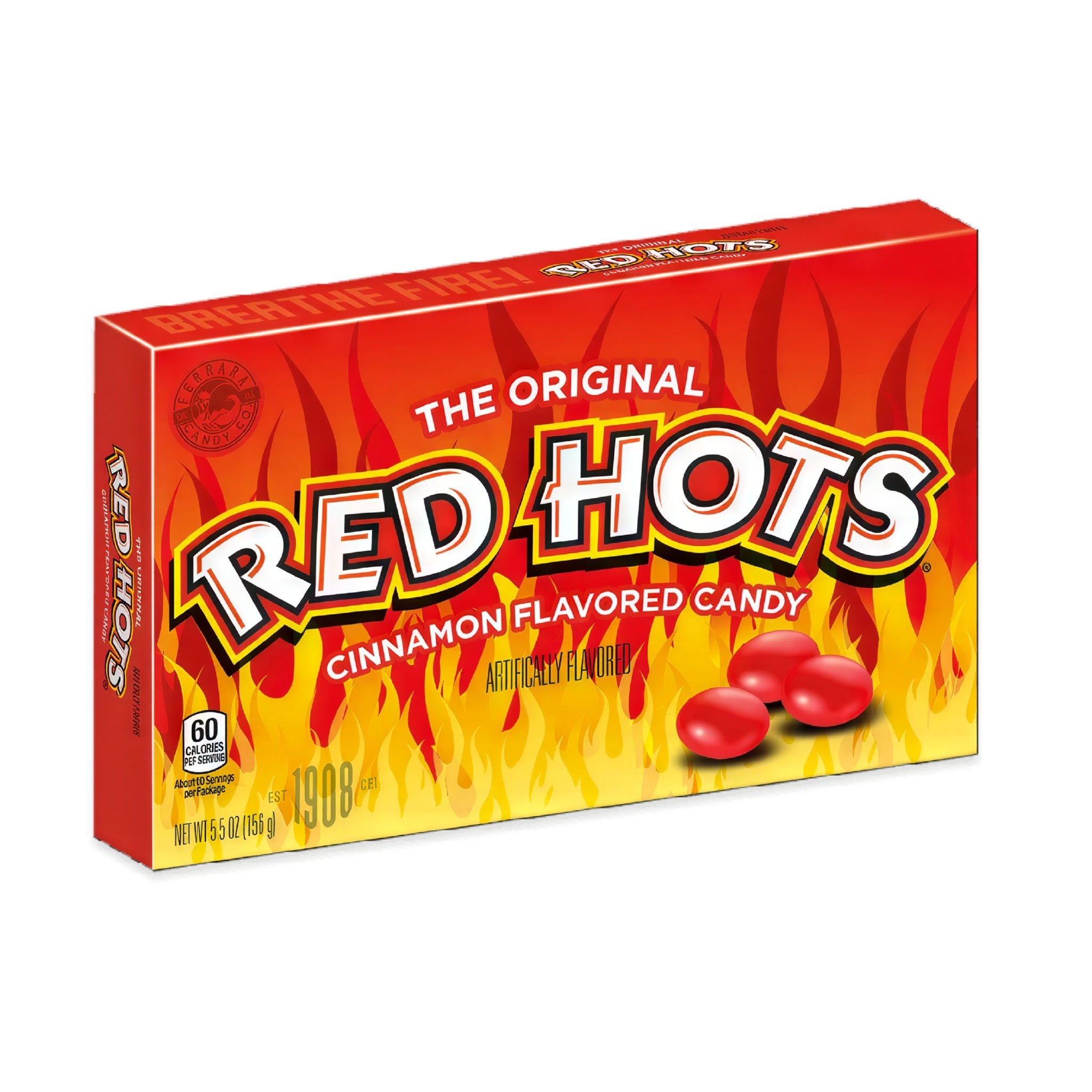 Front of Red Hots Crunchy Cinnamon Flavoured Hard Candy Theatre Box showing the vibrant red and yellow design with cinnamon candy pieces (156g)