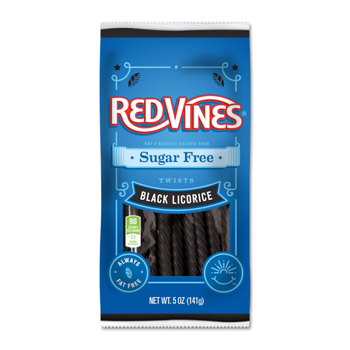 Front of a blue bag of Red Vines Sugar Free Black Licorice Twists showing the logo, sugar-free label, and a display of black licorice twists (142g pack)