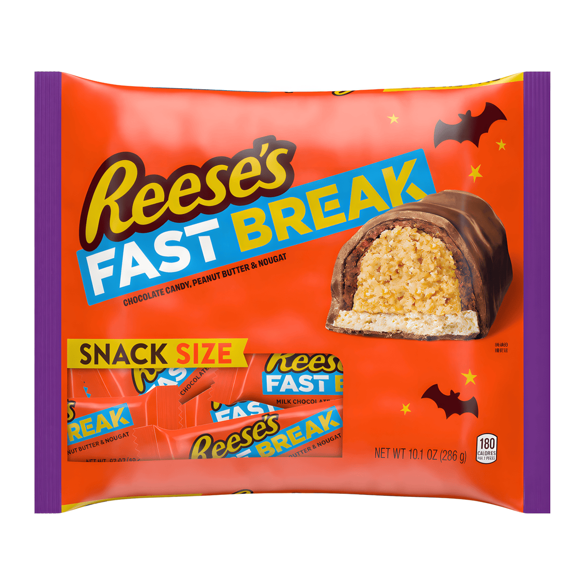 Front of a pack of Reese's Fast Break Snack Size Chocolate Bars showing logo, chocolate-covered nougat, and Halloween-themed details (286g pack)