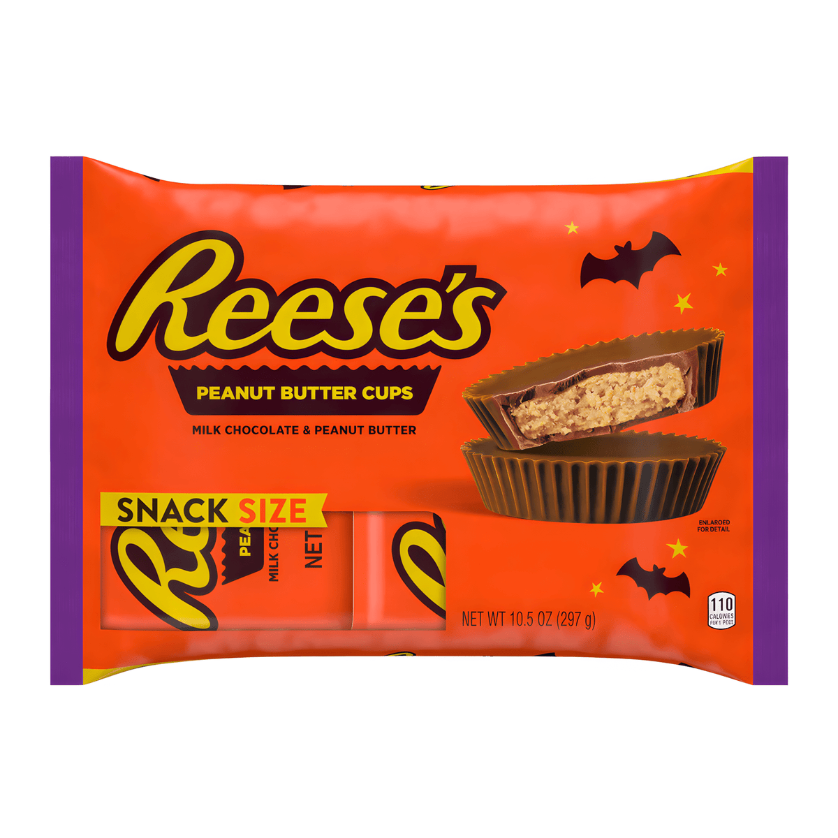 Front of Reese's Peanut Butter Cups Snack Size Halloween Sharepack showing bright orange packaging, logo, and images of peanut butter cups (297g pack)