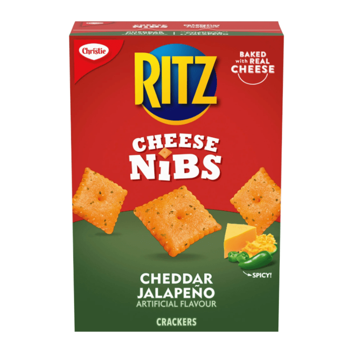 Front of Ritz Cheese Nibs Cheddar & Jalapeno box with logo and images of crackers (180g pack)