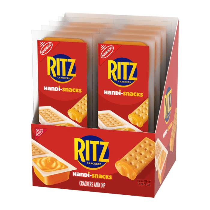 Front of Ritz Crackers & Cheez Handi-Snacks pack showing logo, crackers, and cheese dip (27g)