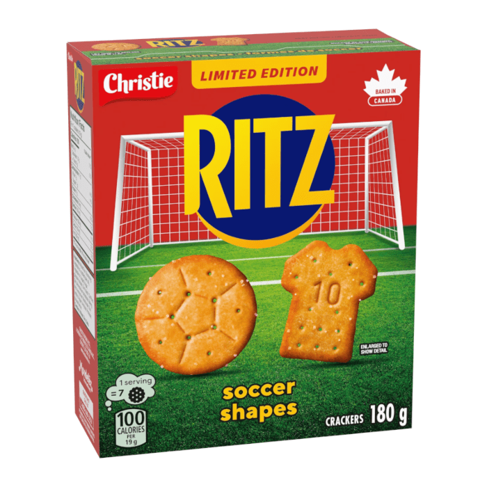 Front of Ritz Limited Edition Soccer Shapes box with logo, playful soccer-shaped crackers, and pack size of 180g