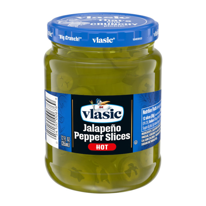Front of Vlasic Jalapeno Pepper Slices Hot jar showing the brand logo, spicy jalapeño pepper slices, and 355ml pack size.