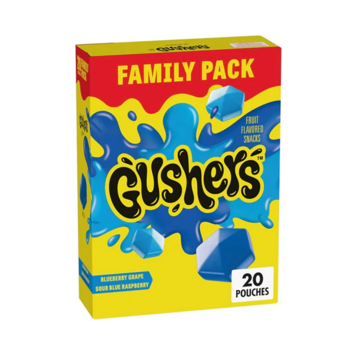 Front of a Gushers Blueberry Grape & Sour Blue Raspberry box showing vibrant packaging with a blue splash design, flavour details, and 453g weight.
