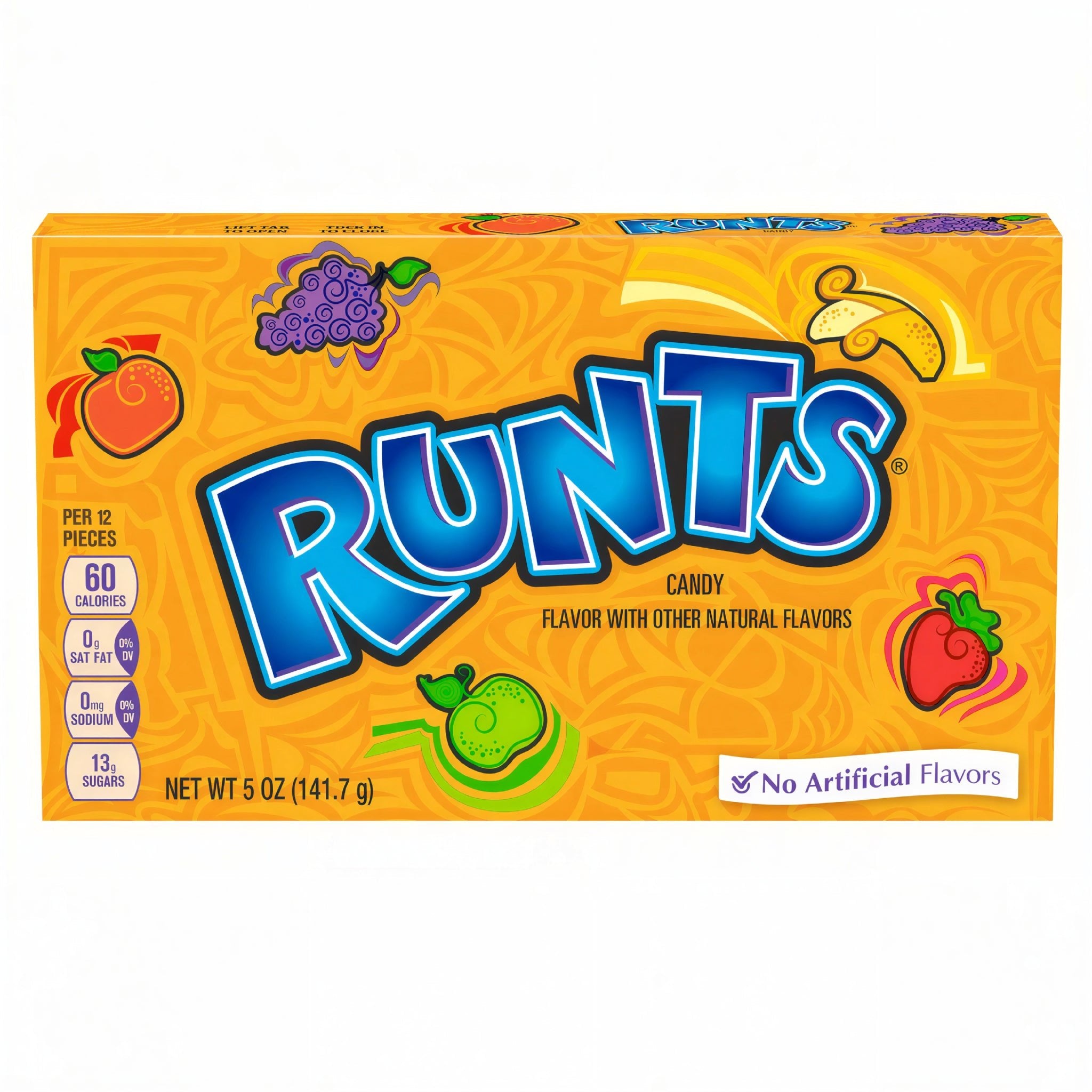 Front of Runts Crunchy Fruit Shaped Hard Candy Theatre Box showing vibrant fruit-shaped candies and a colourful logo (141g pack)