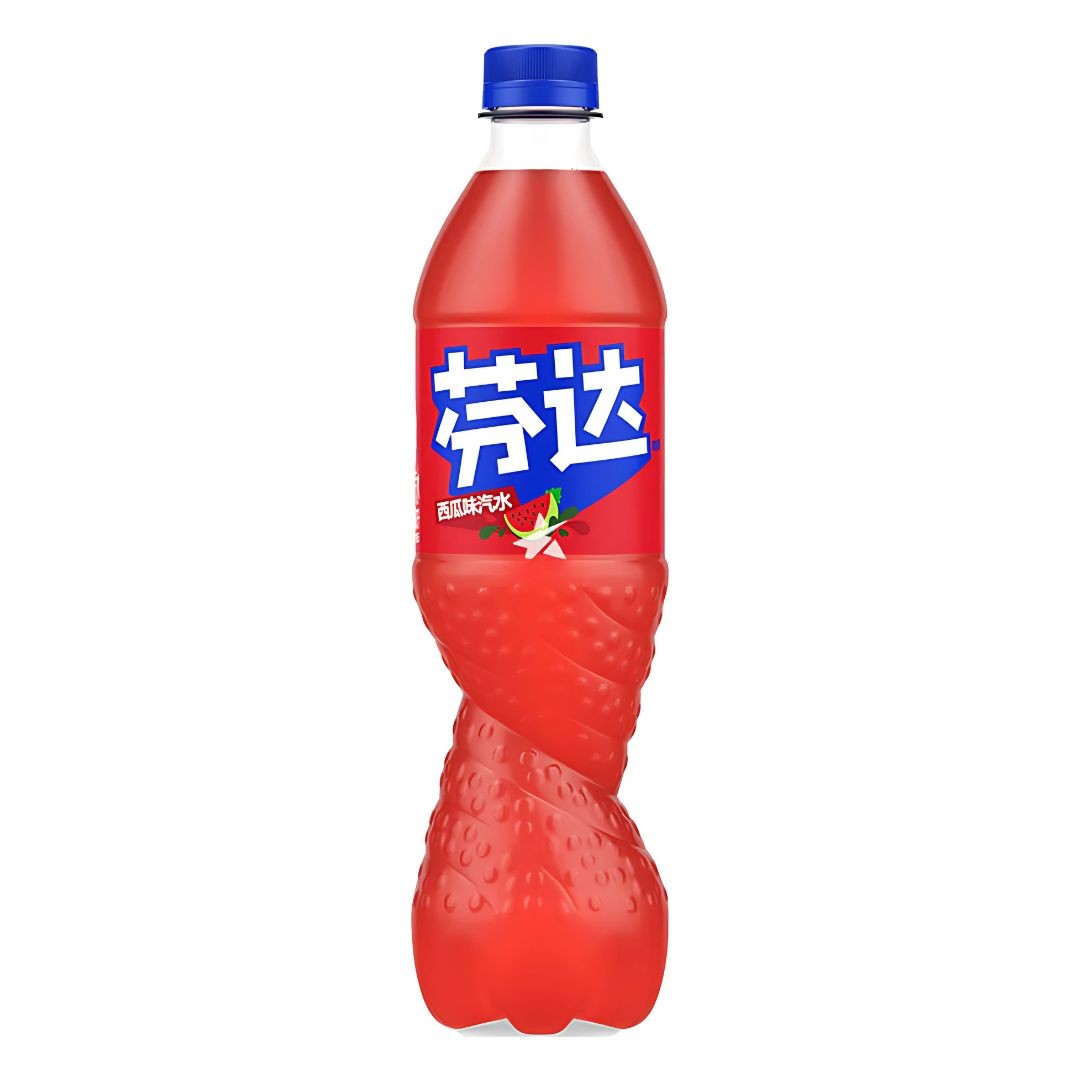 Front of Fanta Watermelon bottle showing vibrant red label with bold logo, watermelon imagery, and 500ml size.