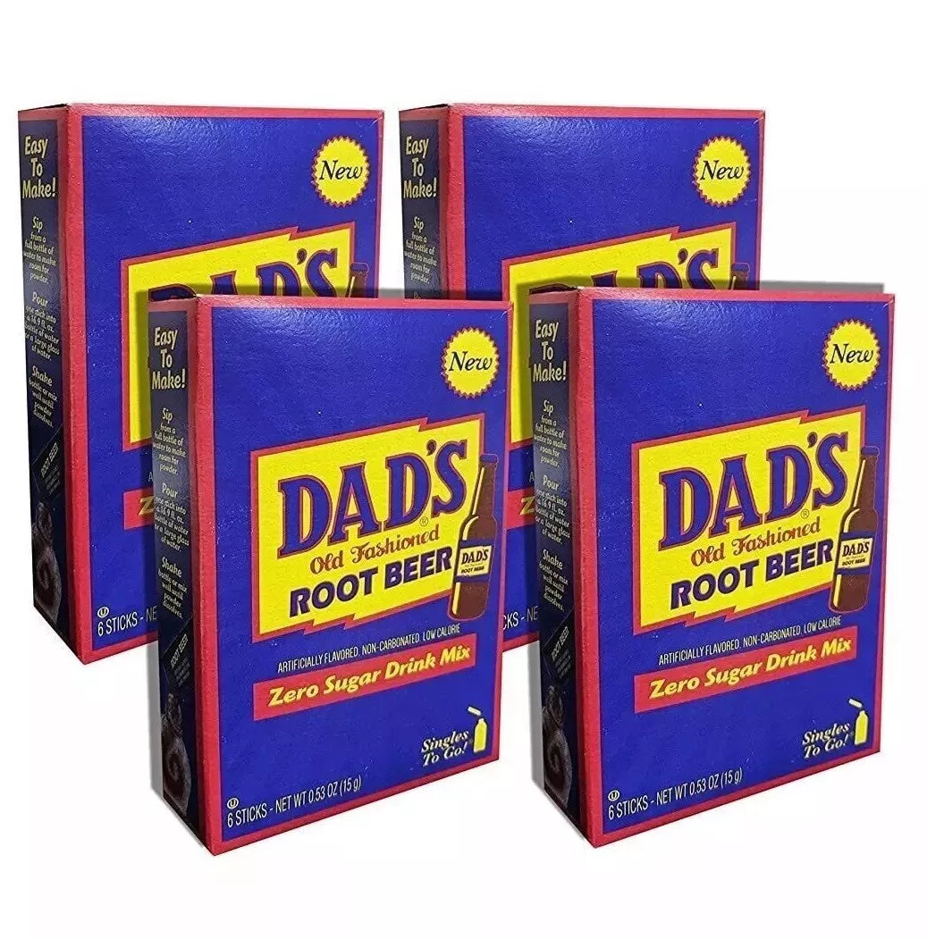 Front of Dad's Old Fashioned Root Beer Drink Mix Singles To Go box showing the logo, zero sugar label, and pack size (180g, 12 pack)