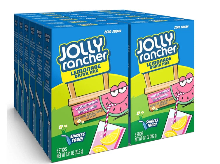 Front of Jolly Rancher Watermelon Lemonade Singles to Go box showing colourful label with watermelon character and drink mix details (6 Pack)