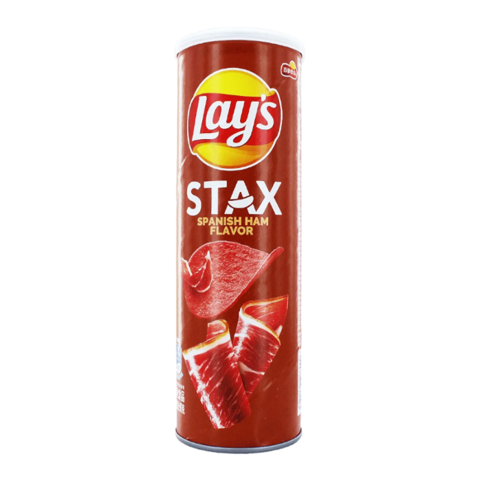 Front of Lay's STAX Spanish Ham can showing flavour text and brand logo (90g pack)