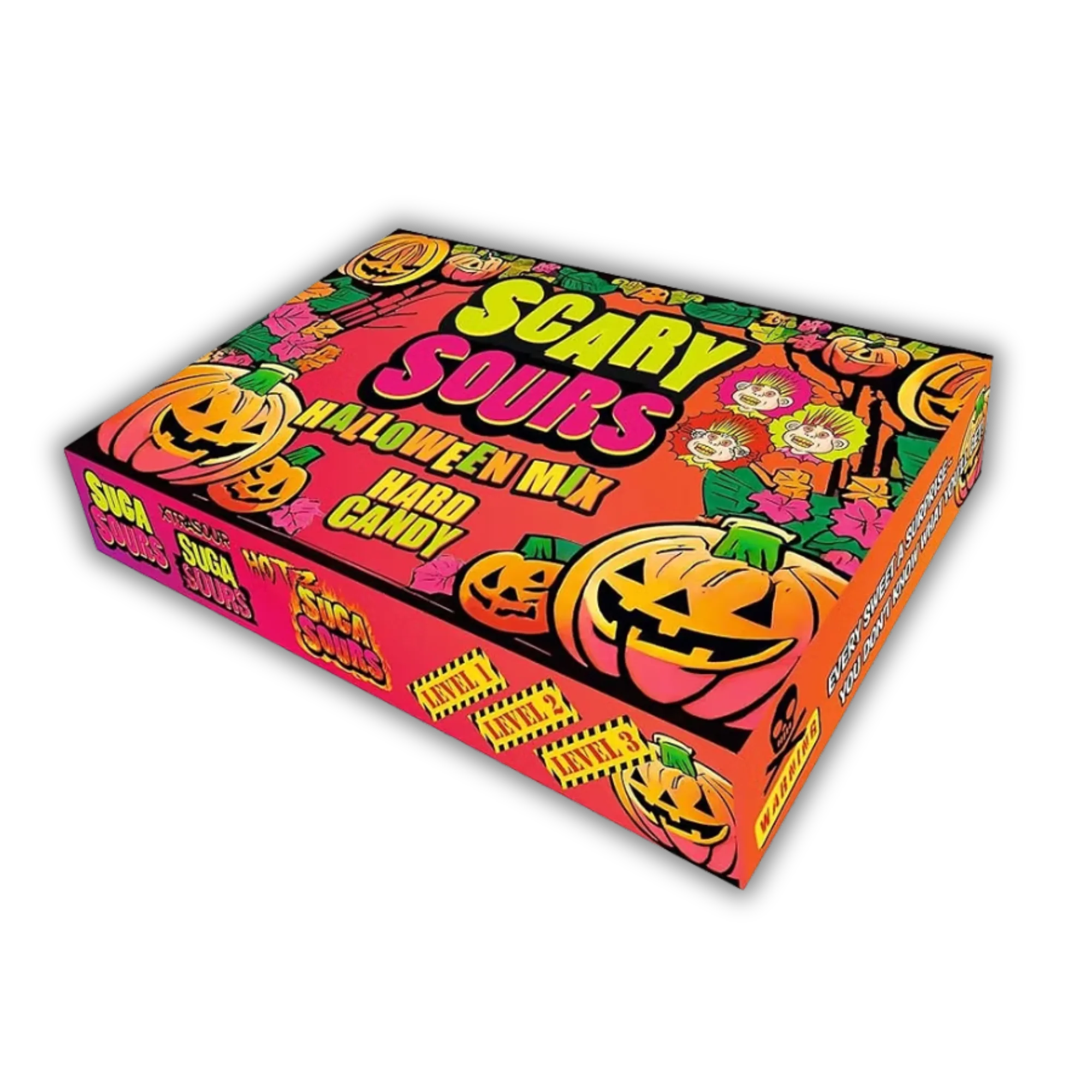 Front of Scary Sours Halloween Mix Pumpkin box displaying vibrant orange colours, pumpkin graphics, and the label "100g Hard Candy"