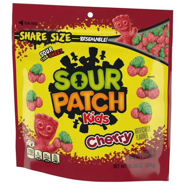 Front of a red bag of Sour Patch Kids Cherry with logo, cherry flavour label, and chewy candy pieces (308g pack)