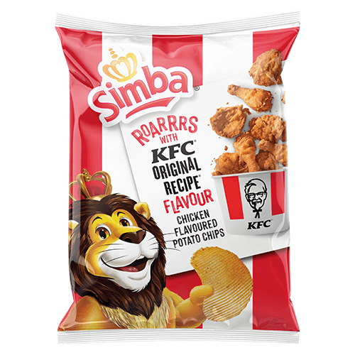 Front of a bag of Simba Potato Chips KFC Original Recipe with lion mascot, showing red and white stripes, and kettle-fried potato chips (36g pack)