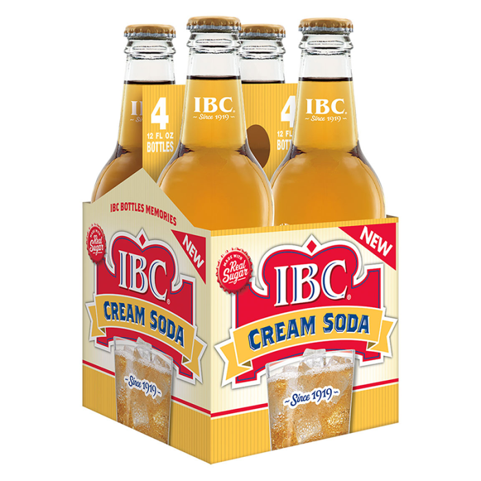 Front of IBC Cream Soda 4 pack showing yellow and red label, 355ml bottles, and an illustration of soda with ice