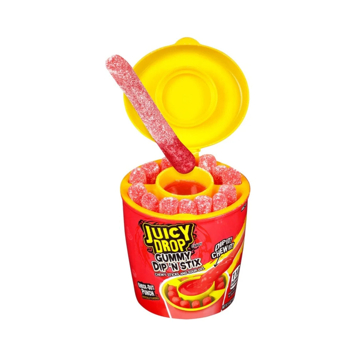 Front of Topps Juicy Drop Gummy Dip 'N Stick Strawberry container showing colourful stick and sour gel (96g)