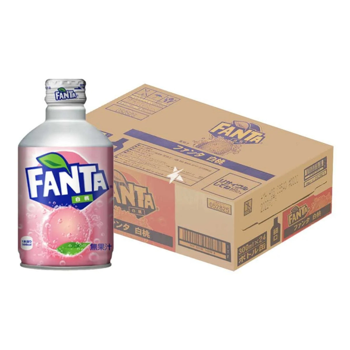 Front of Fanta White Peach can showing pink logo and peach flavour, with a case containing 24 x 300ml cans