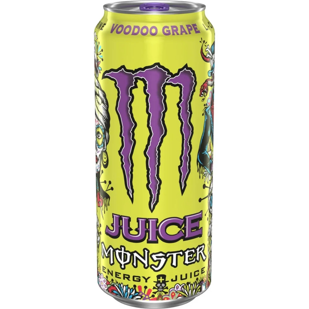 Front of Monster Energy Voodoo Grape can with logo, bold grape flavour label, and vibrant design (473ml pack)