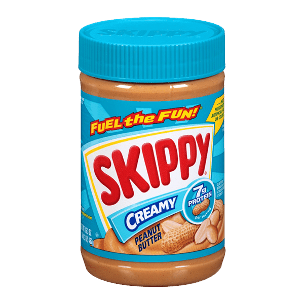 Front of Skippy Creamy Peanut Butter jar displaying logo, creamy peanut butter label, and 454g pack size.