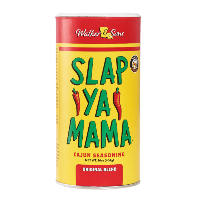 Front of Slap Ya Mama Cajun Seasoning Original Blend (454g) showing bold yellow container with green lettering and red accents.