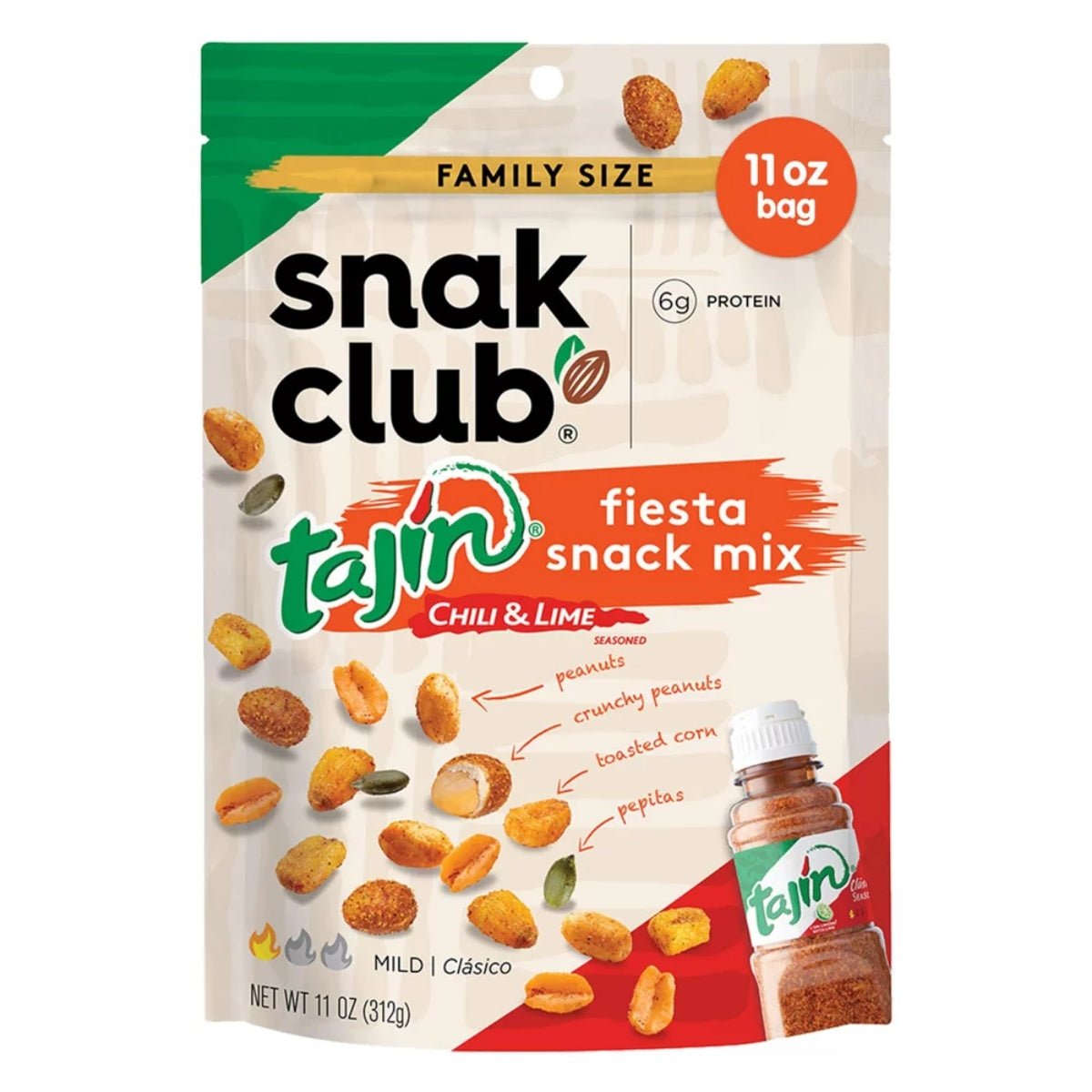 Front of Snack Club Tajin Fiesta Snack Mix package displaying the brand logo, chilli and lime flavour label, and various crunchy snack pieces (64g pack)
