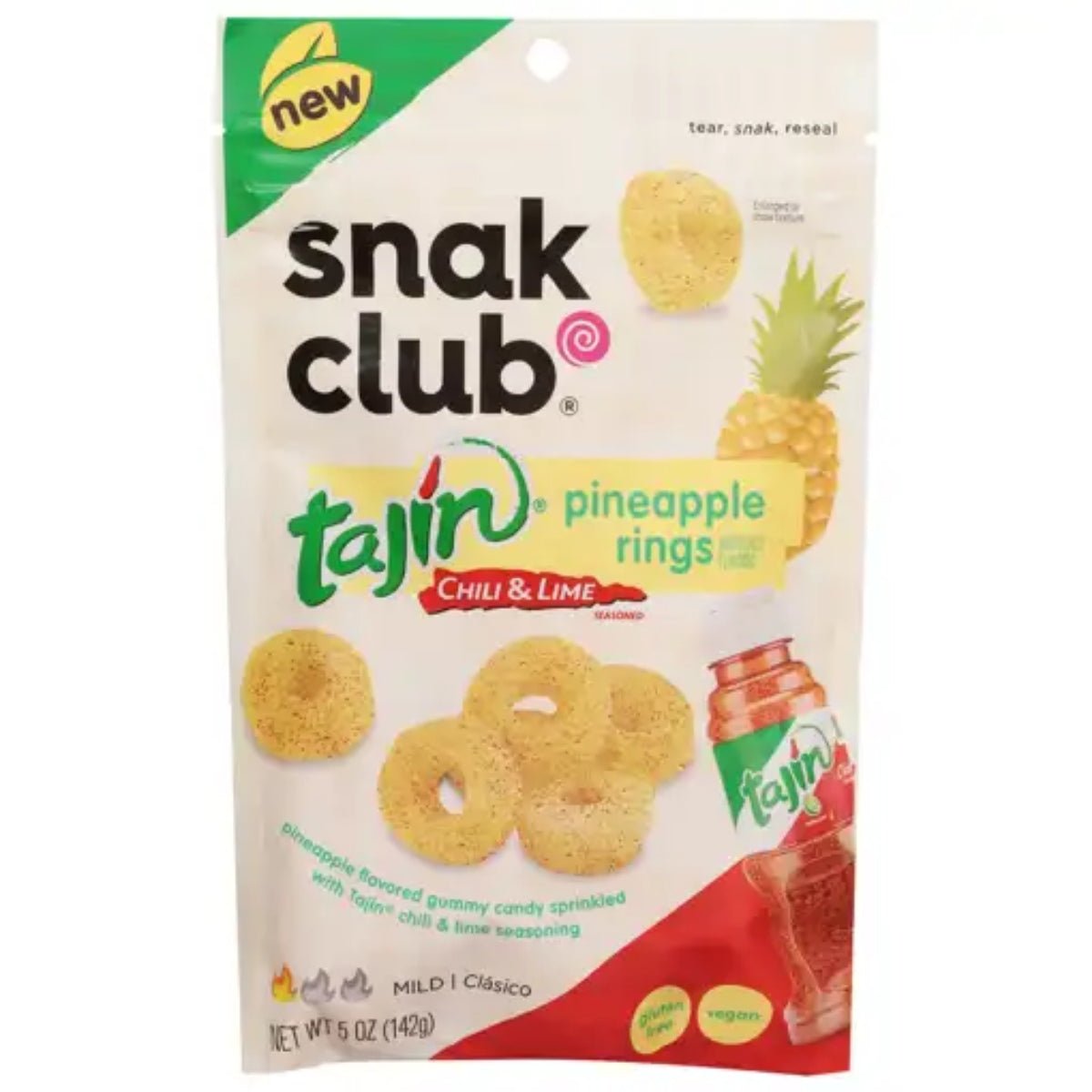 Front of Snack Club Tajin Peach Rings bag featuring colourful gummies, Tajin logo, and pack size (142g)