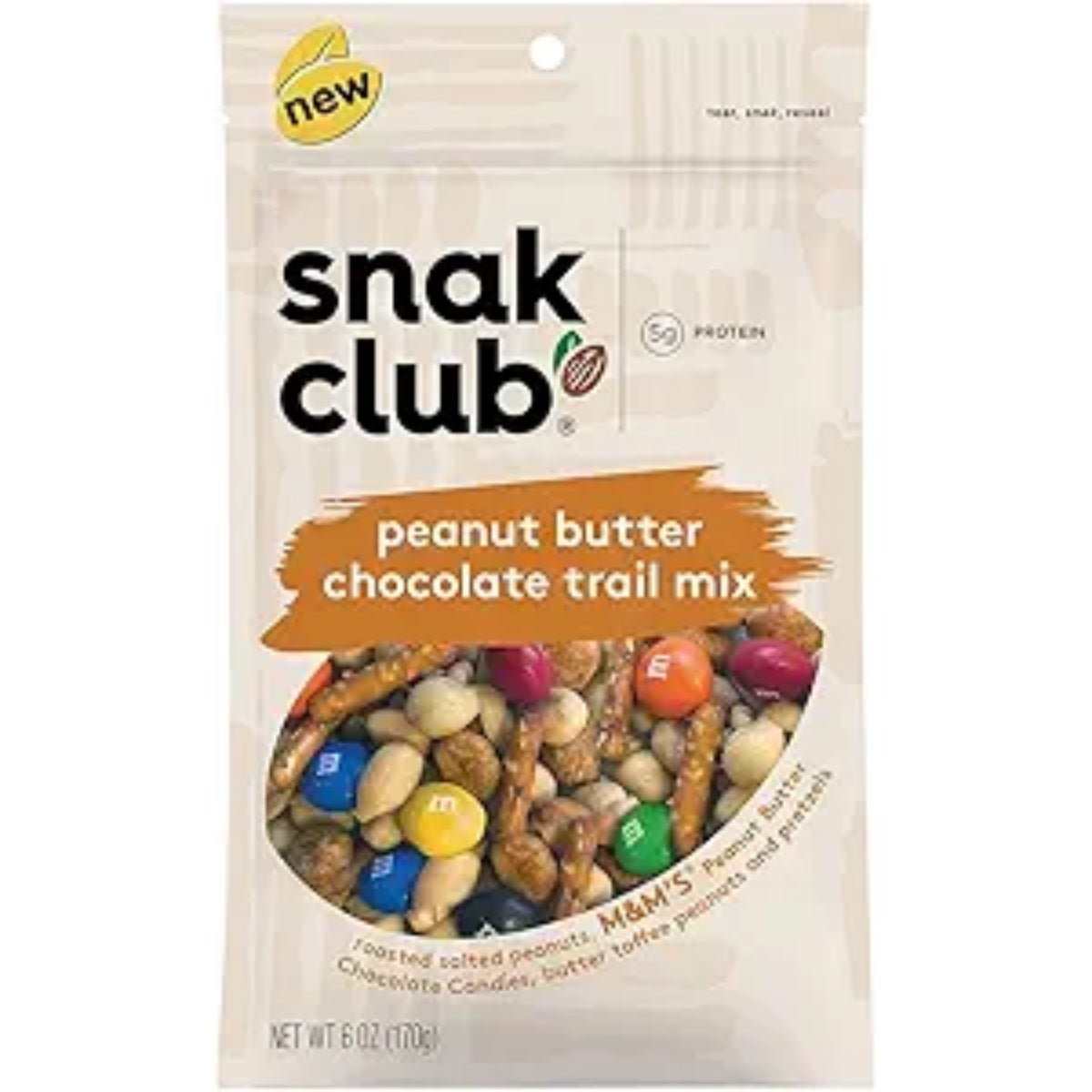 Front of Snack Club Tajin Peanut Butter Chocolate Trail Mix bag displaying the brand logo, product name, and a colourful mix of pretzels, peanuts, and chocolate pieces (170g pack)