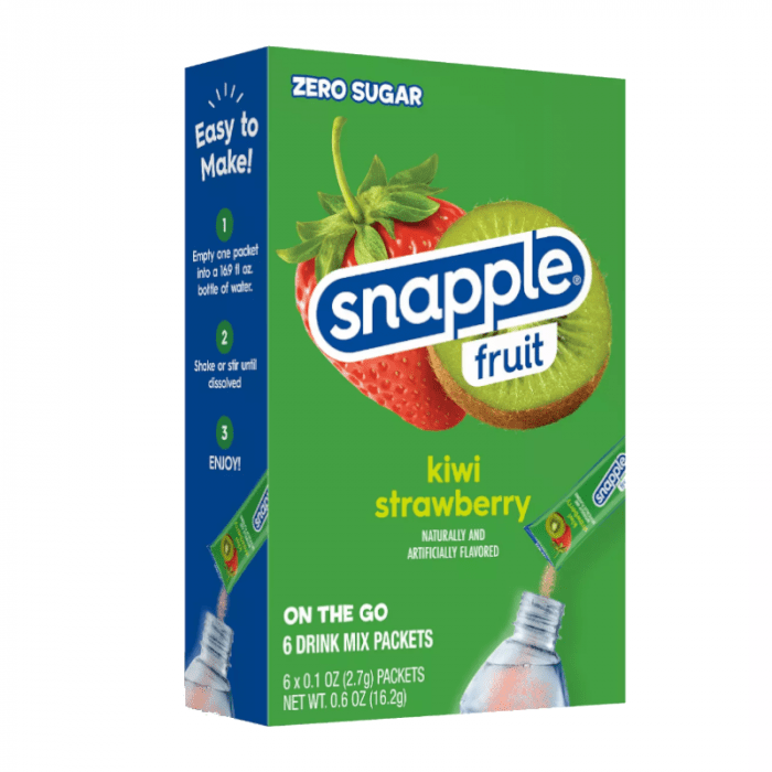 Front of Snapple Kiwi Strawberry Singles To Go box showing kiwi and strawberry images, Snapple logo, and 6 drink mix packets (16.2g)
