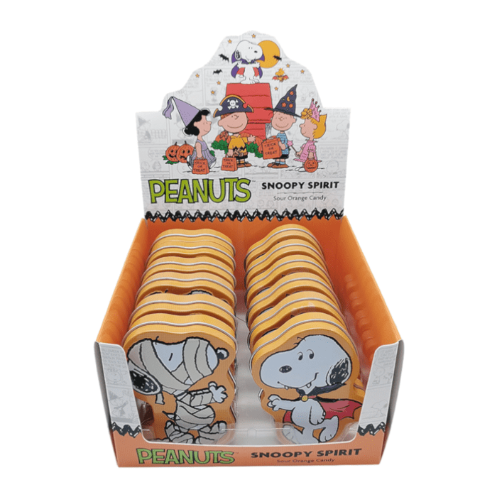 Front of Snoopy Spirit Sour Orange Candy Tin showing colourful design with characters and sour orange candy label (28g)