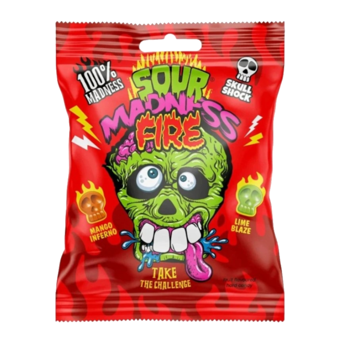 Front of Sour Madness Fire Hard Candies bag featuring vibrant graphics, skull design, and bold flavours of mango and lime (60g pack)