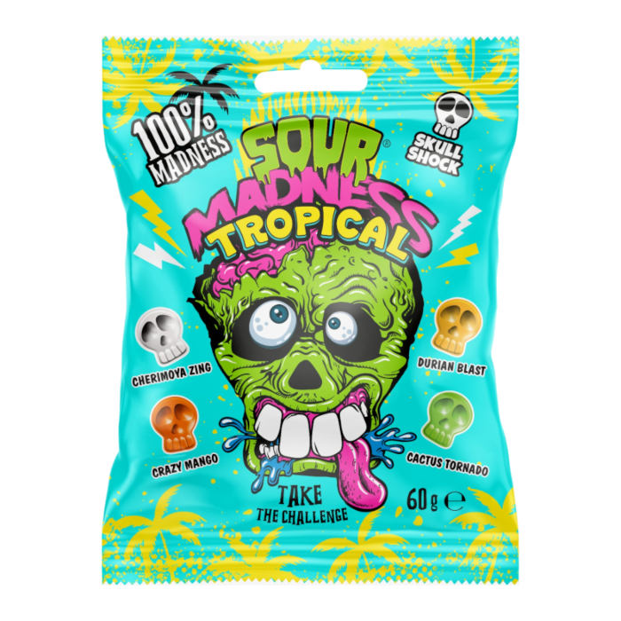 Front of Sour Madness Tropical Hard Candies bag showing vibrant blue design, fruity flavours, and pack size of 60g