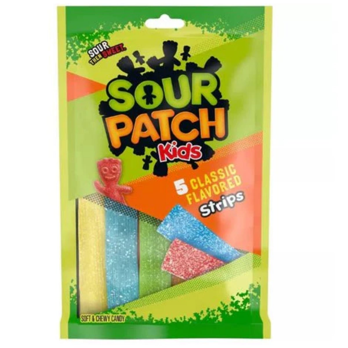 Front of a bright green bag of Sour Patch Kids Assorted Strips showing colourful soft and chewy candy and pack size (99g)