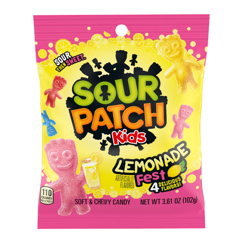 Front of Sour Patch Kids Lemonade Fest bag featuring bright pink packaging, logo, lemonade theme, and soft chewy candy shapes (102g pack)