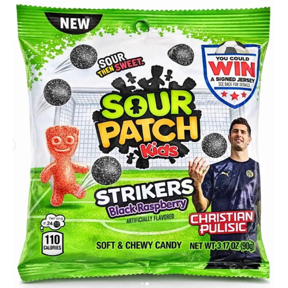 Front of Sour Patch Peg Bag Black Raspberry showing vibrant logo, black raspberry flavour, and details of soft and chewy candy (90g pack)