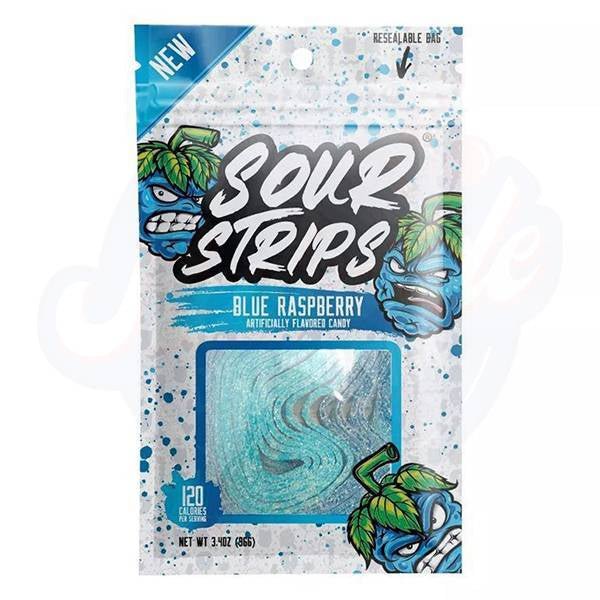 Front of Sour Strips Blue Raspberry Candy package showing vibrant blue colour, brand logo, and product name (96g pack)