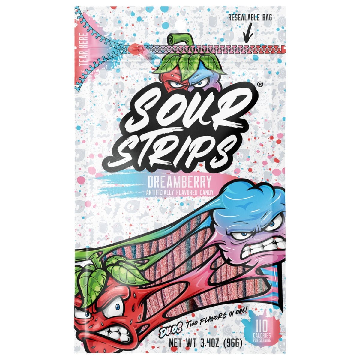 Front of Sour Strips Dreamberry bag showing vibrant design, brand logo, and flavour label (96g pack)